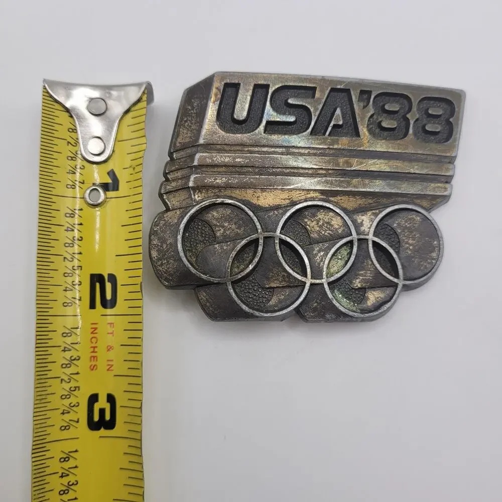 Vintage USA 88 Olympics Belt Buckle Silver Metal Rings 80s Retro Americana Seoul